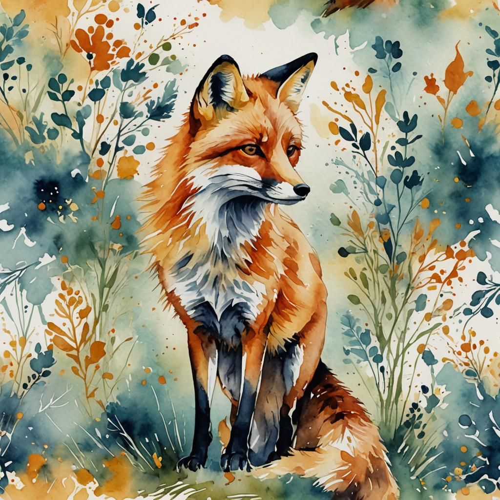 Abstract Watercolor Fox Art with Fine Details