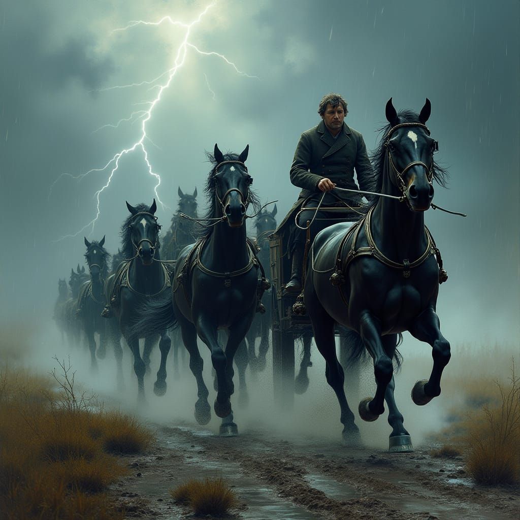 Majestic Carriage Speeds Through Turbulent Stormy Landscape