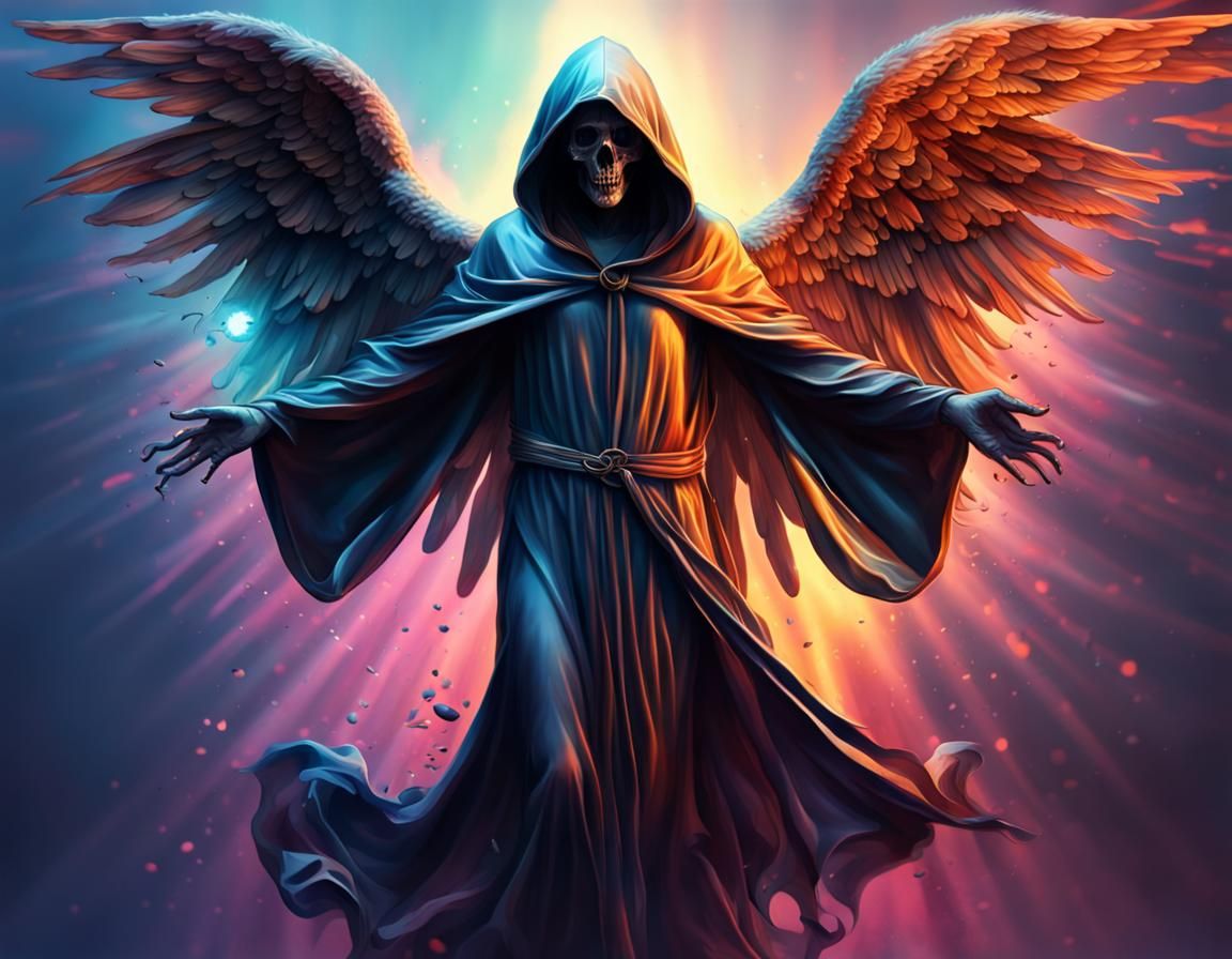 flying hooded angel of death heperrealistic