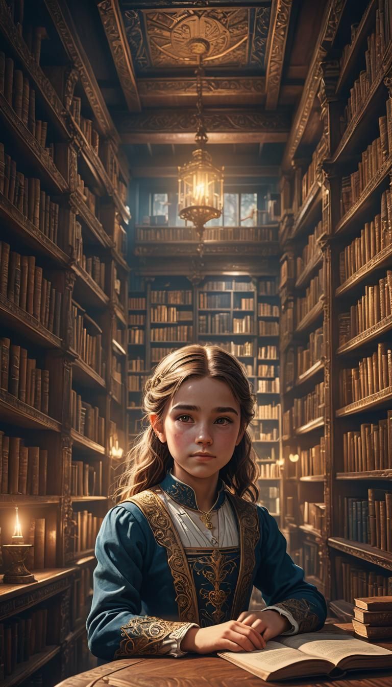 Fantasy Girl in Library Concept Art