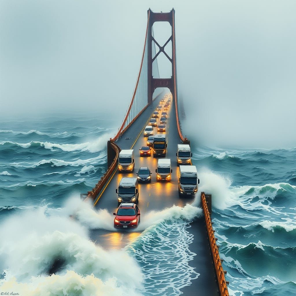 Bridge over Turbulent Waters in Dramatic Watercolor