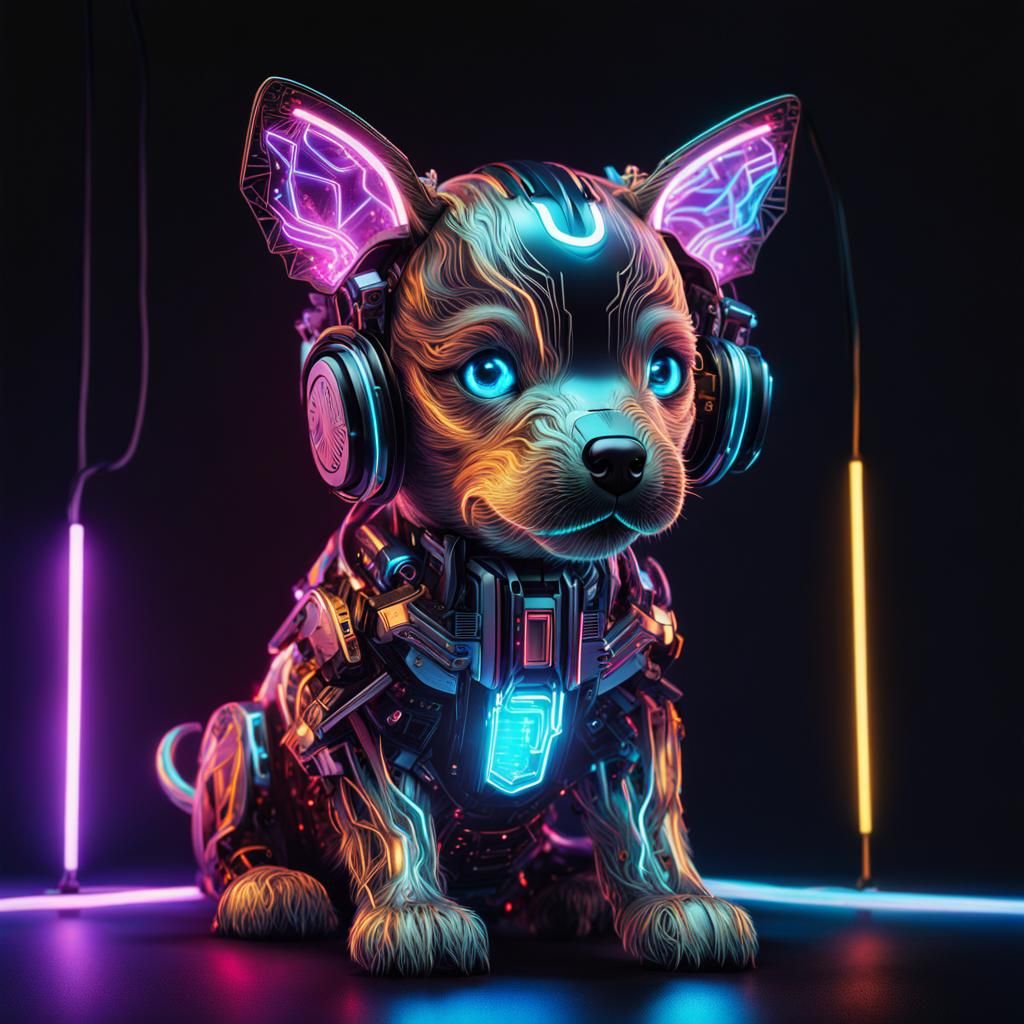 Cybernetic Puppy with Glowing Circuitry in Cyberpunk Style