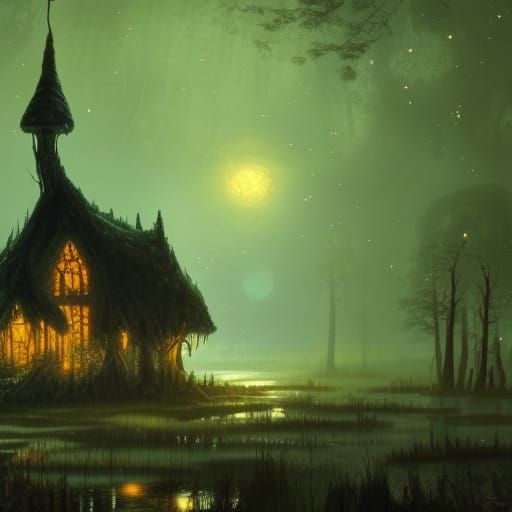 Glowing Mushroom Cottage in Starry Swamp: Dark Fantasy Art