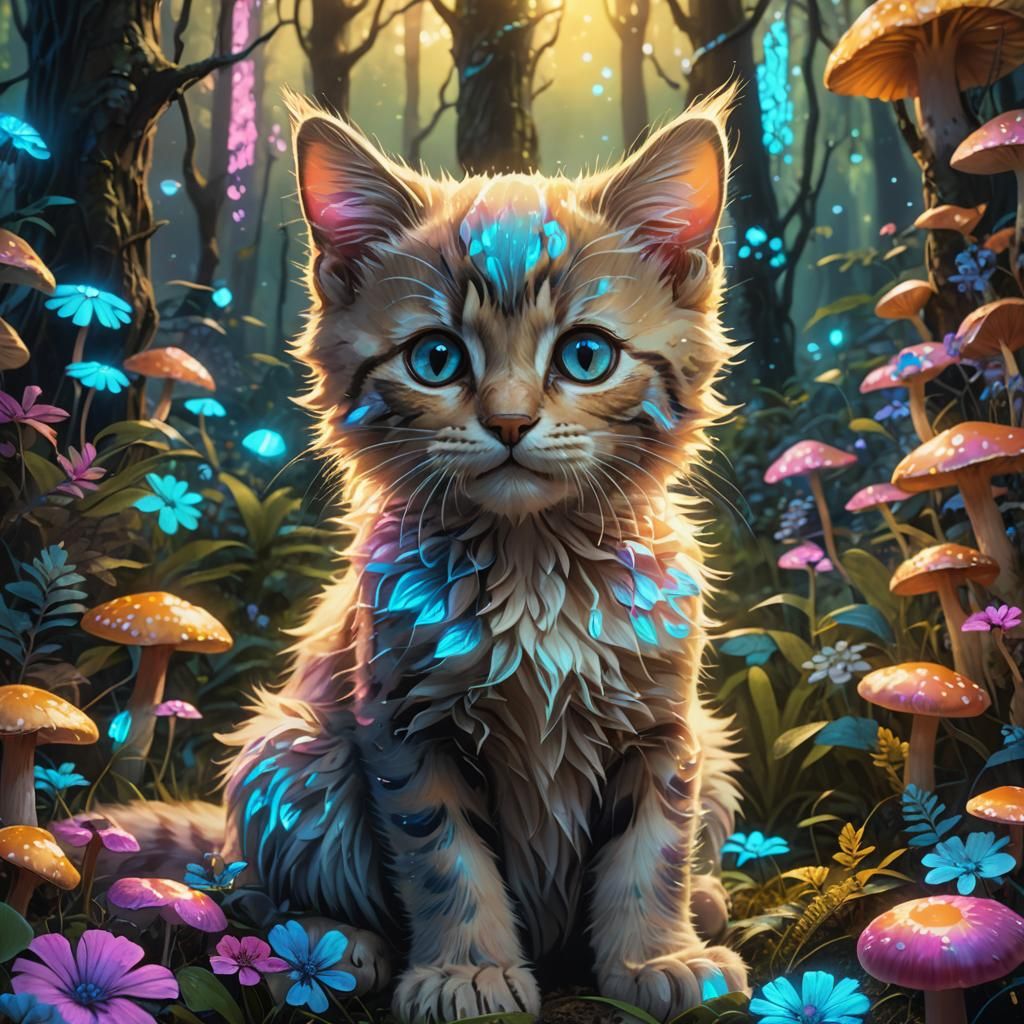 Fluorescent Kitten in Glowing Forest: Fantasy Art