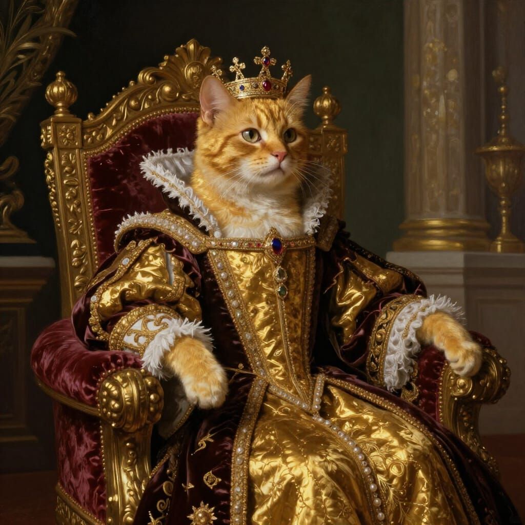 Regal Cat Queen on Ornate Throne in Renaissance Style