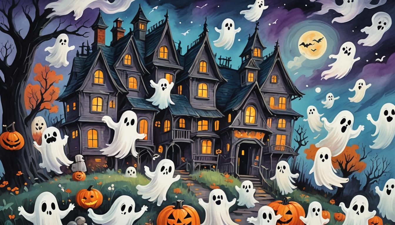 Cartoon Ghosts Around a Halloween Haunted House