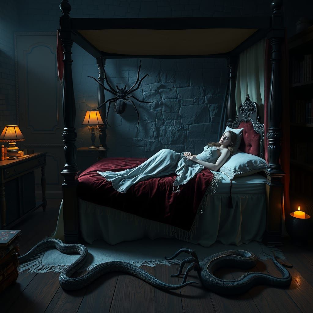 Ominous Dream: Woman Asleep in Dark Academia Panorama