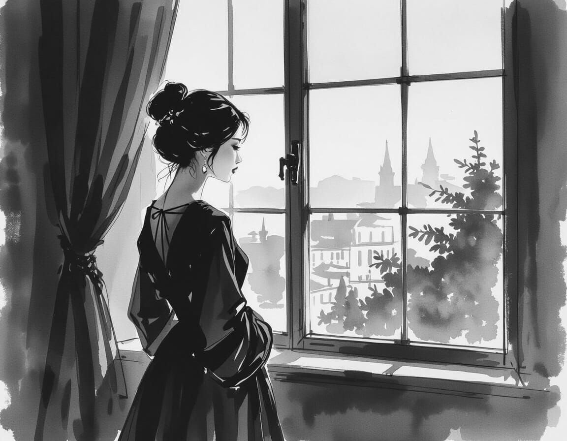 Monochrome Ink Painting of Person by Window