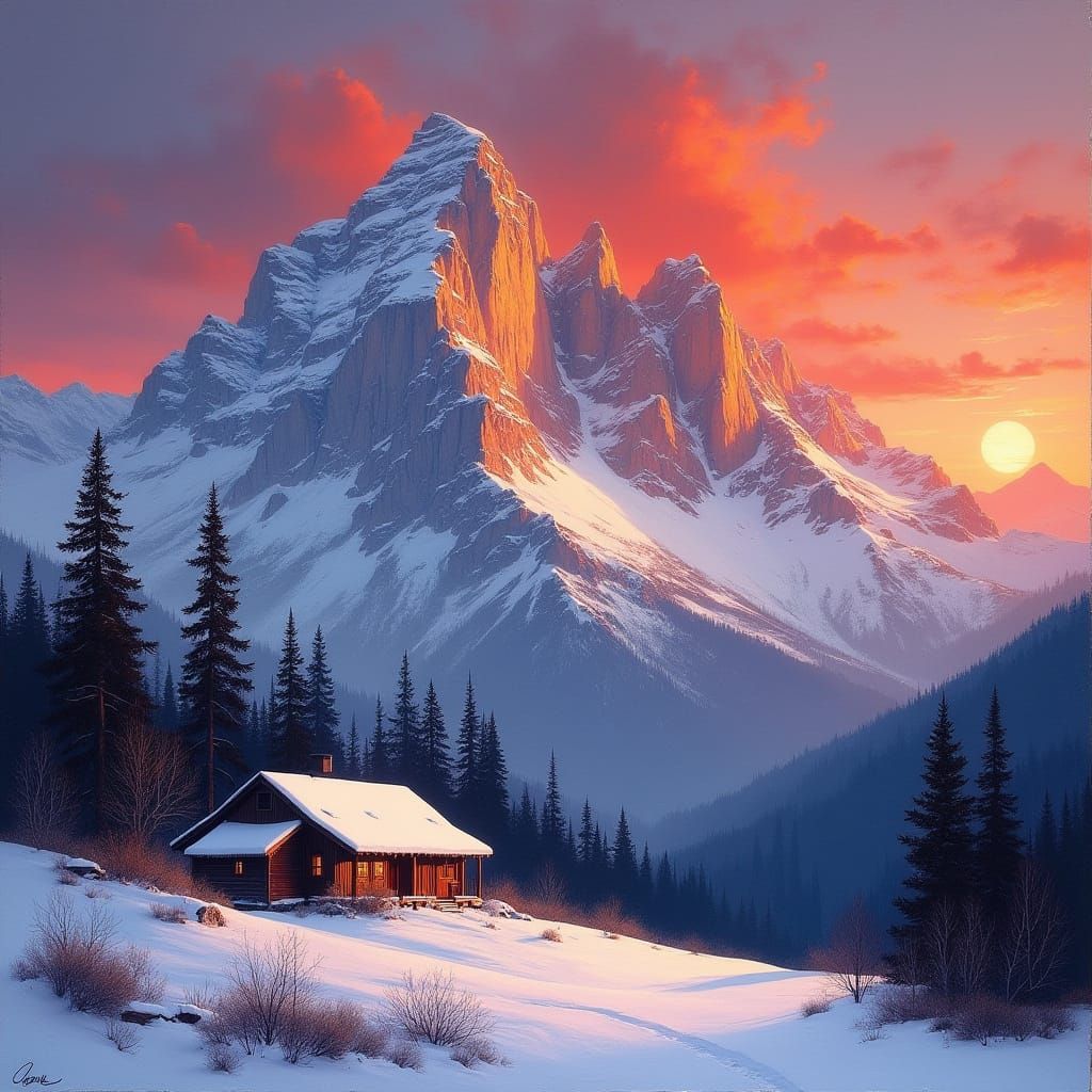 Majestic Mountain Cabin at Sunset Oil Painting