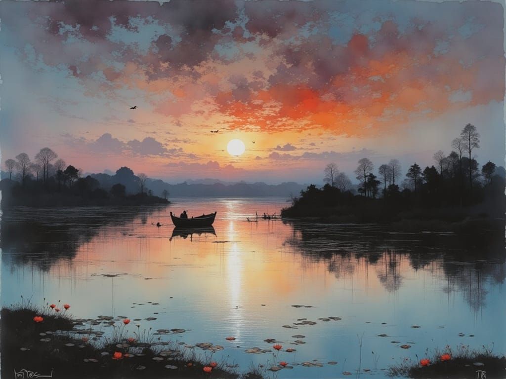 Tranquil Lake Evening: Boat, Lilies, and Birds in Painterly ...