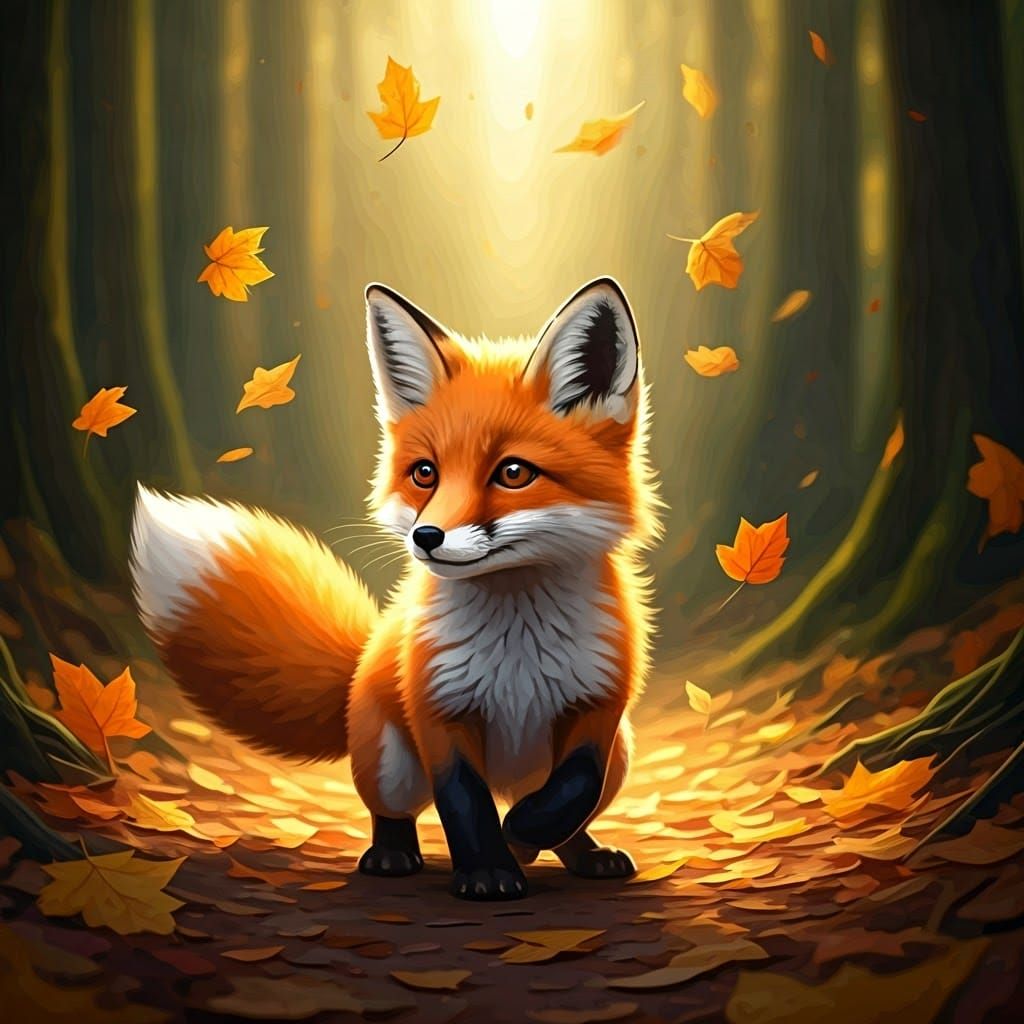 Fox Cub Frolics in Autumn Leaves, Children's Book Illustrati...