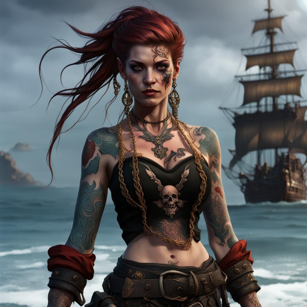 Female Pirate Dark Sea Elf with Tattoos