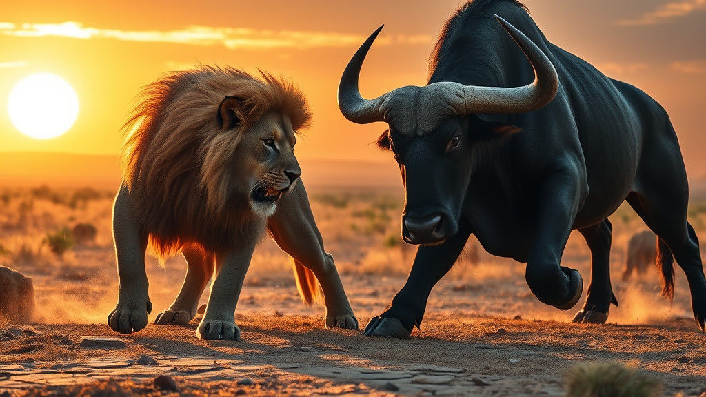 Lion Confronts Bull in Savanna at Sunset