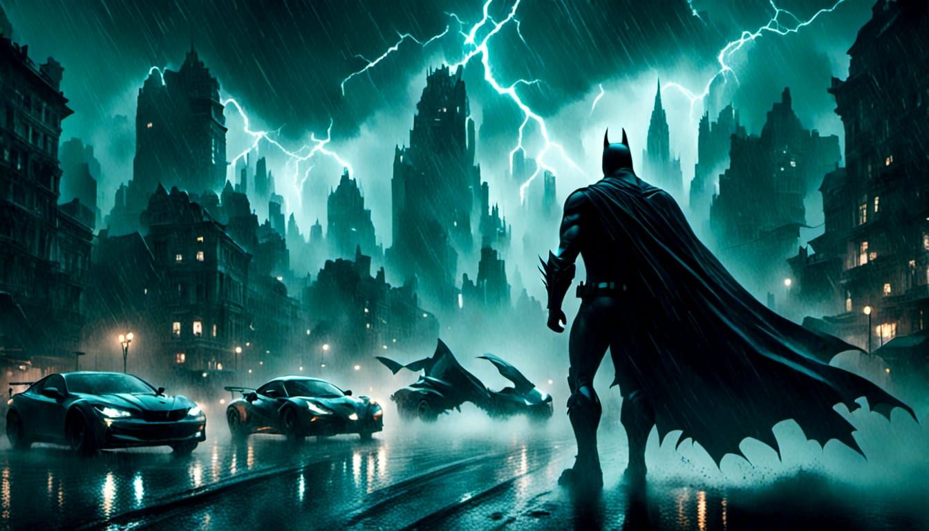 Batman Soaring Through Gotham Storm in Noir Style