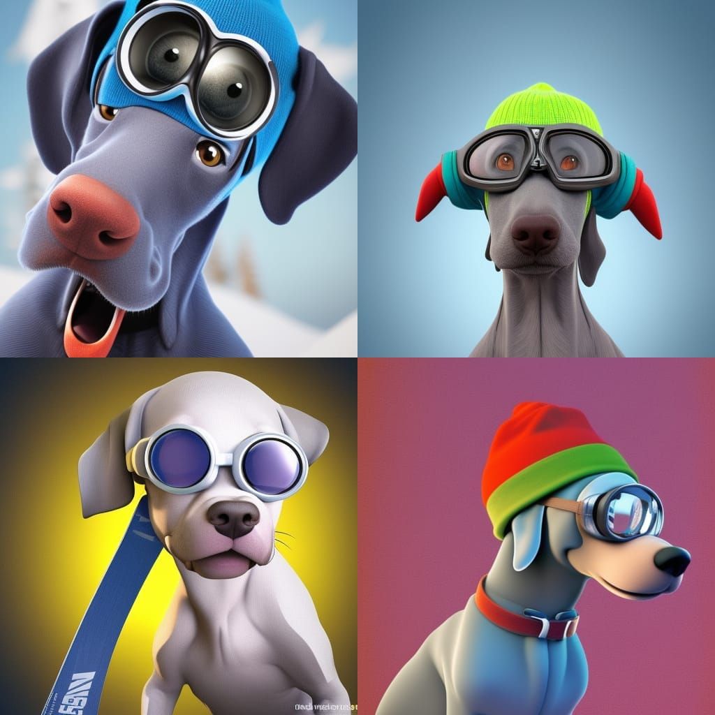 Weimaraner Dog with Beanie and Goggles in 3D