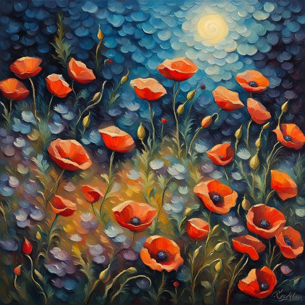 Moonlit Poppies: A Neo-Impressionistic Garden Painting