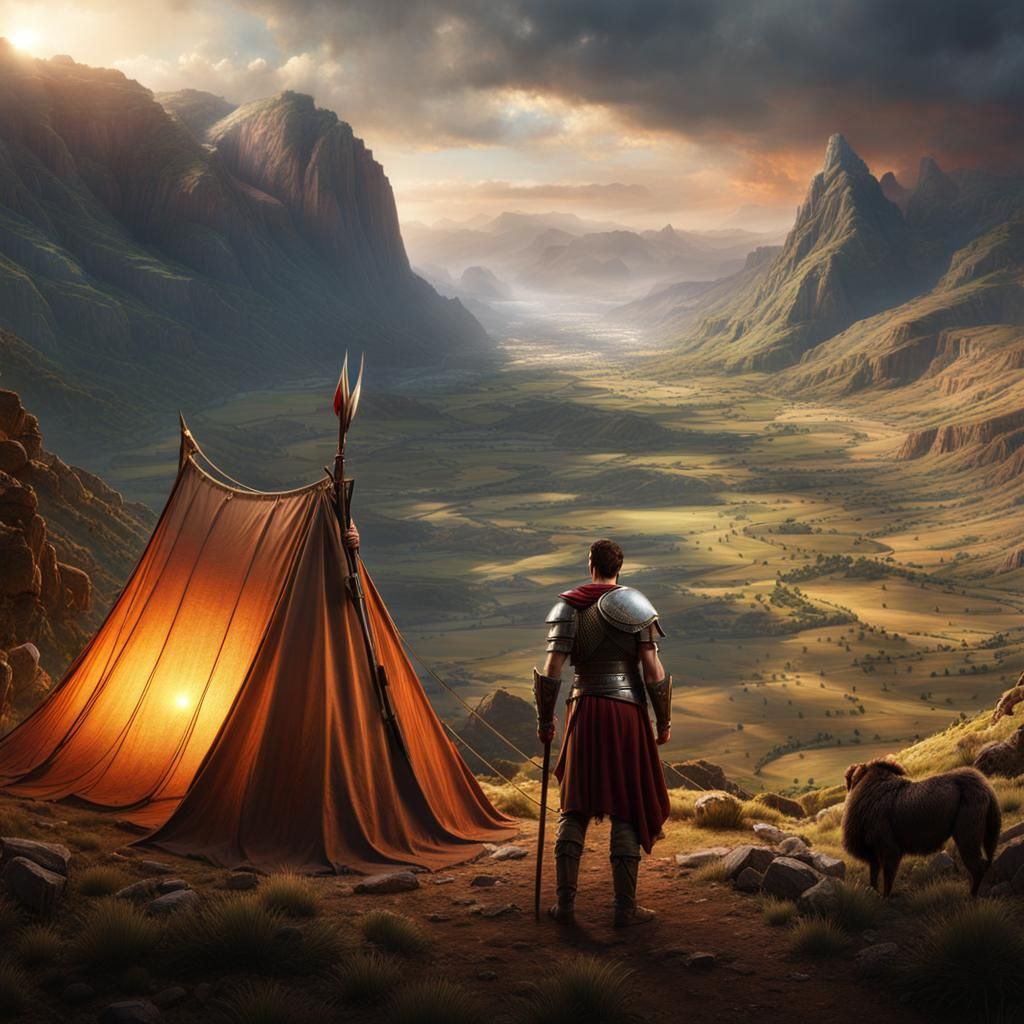 David and Goliath Battle in Valley: Fantasy Art