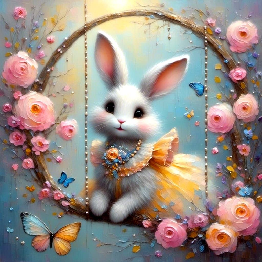 Cute Bunny on Moon Swing with Flowers