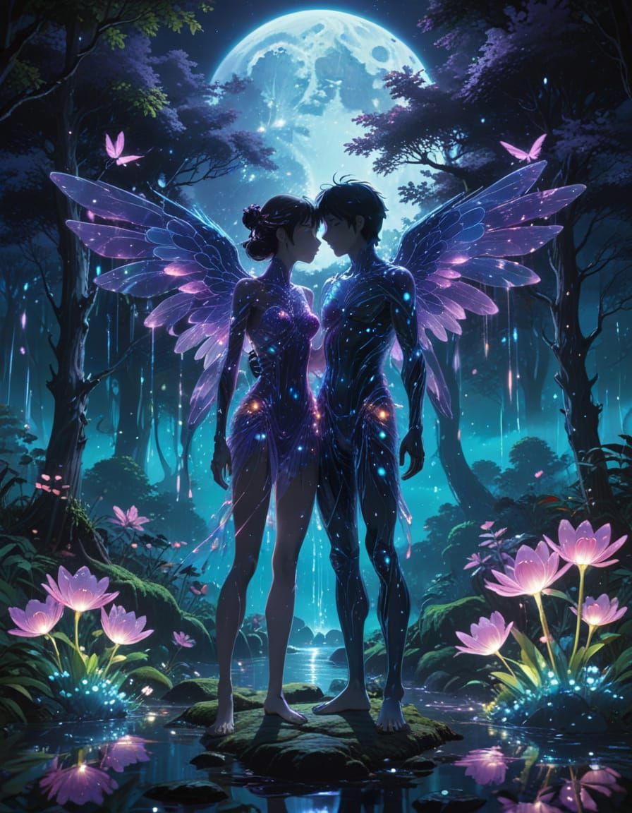 Moonlit Fairy Couple in Dreamy Forest