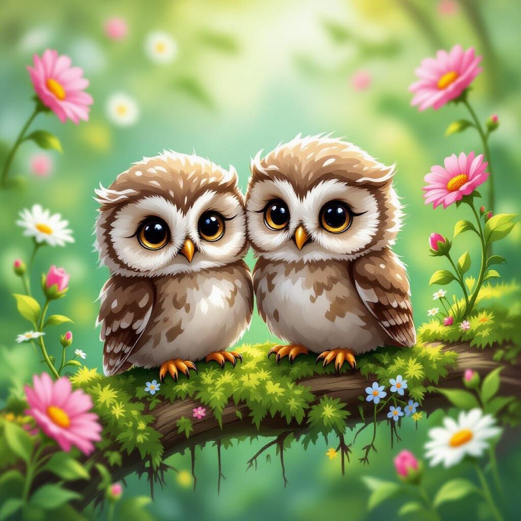Charming Chibi Owlets in Fairytale Wildflower Nest