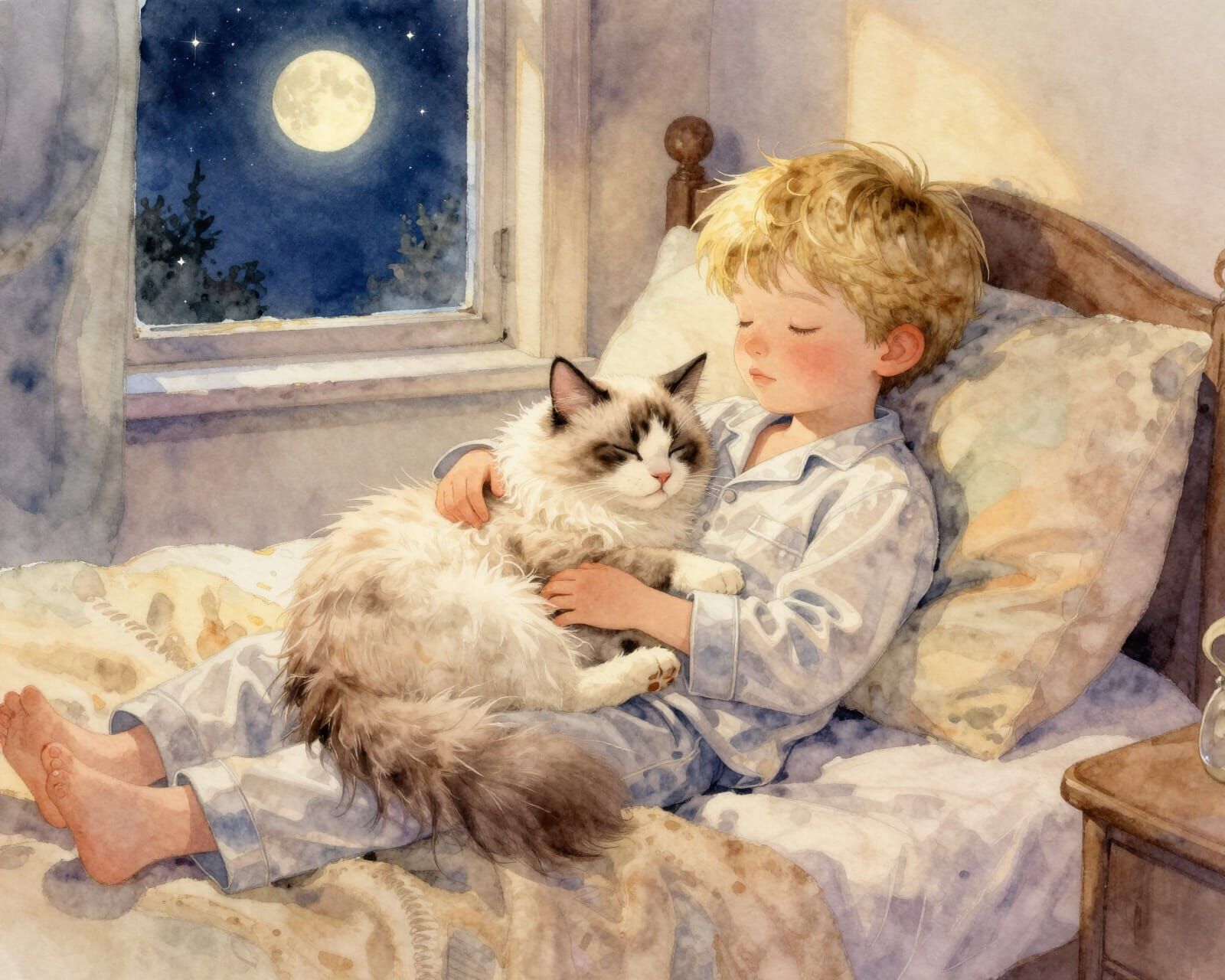 Fluffy Cat Sleeps Peacefully in Boy's Lap Watercolor