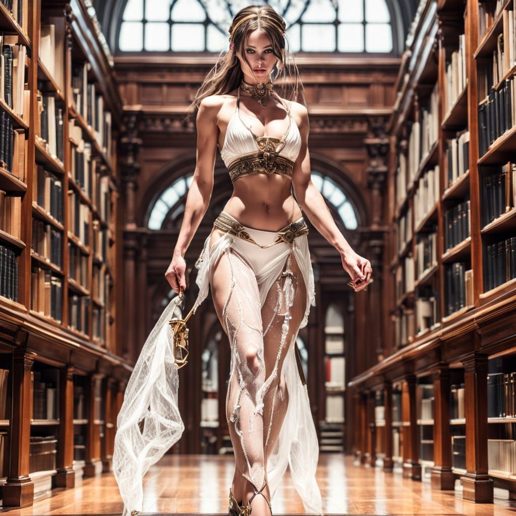Surreal Beauty Goddess in Victorian Library Setting