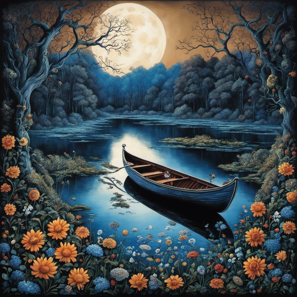 Gothic Moonlit Lake in Tim Burton Style