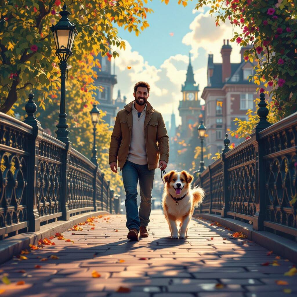 British Man and Dog Walk Bridge in Fantastical Matte Paintin...