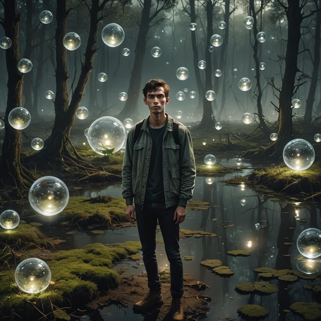 Ethereal Orbs Surround Man in Swamp: Photorealistic