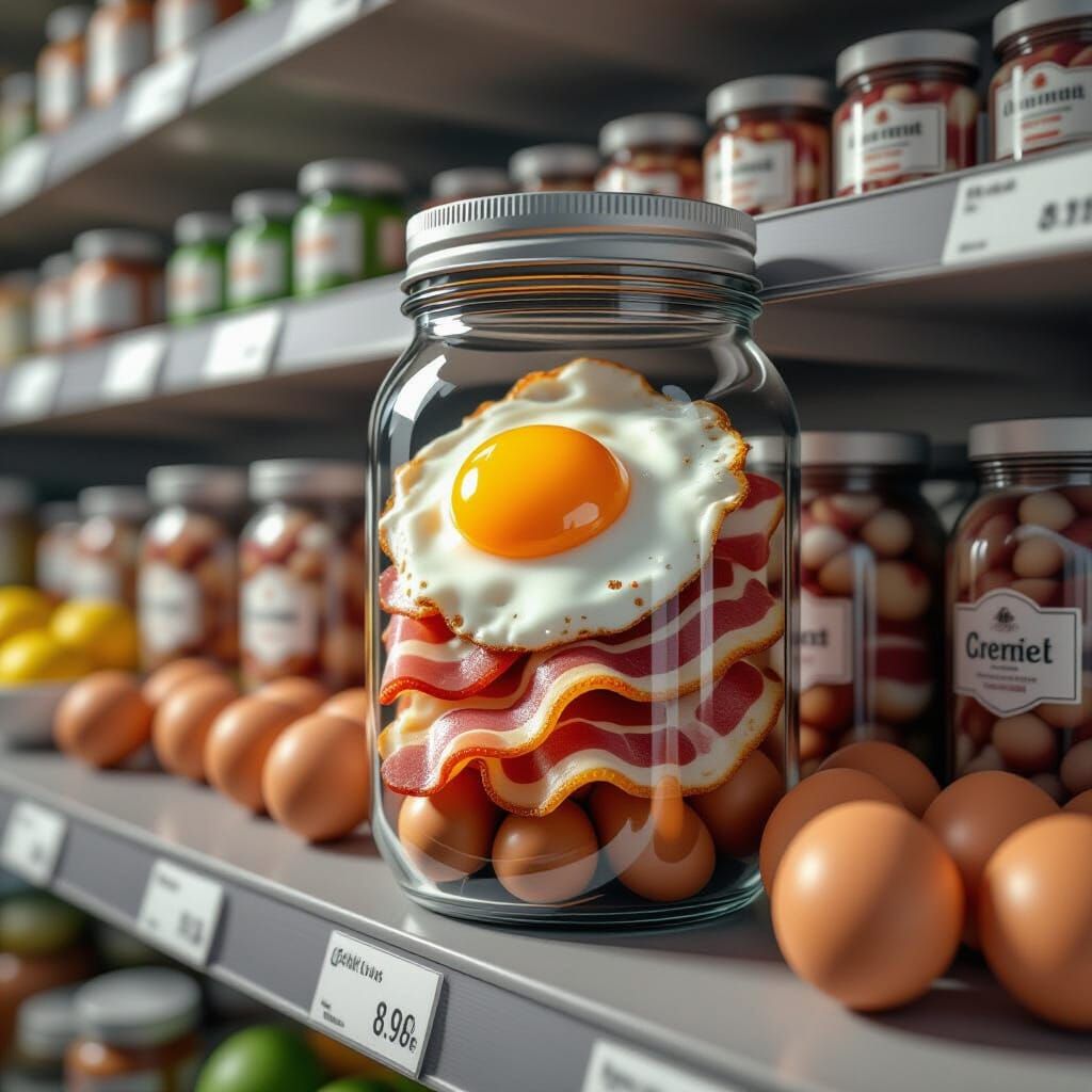 Eggs and Bacon in a Jar on Store Shelf - Matte Painting