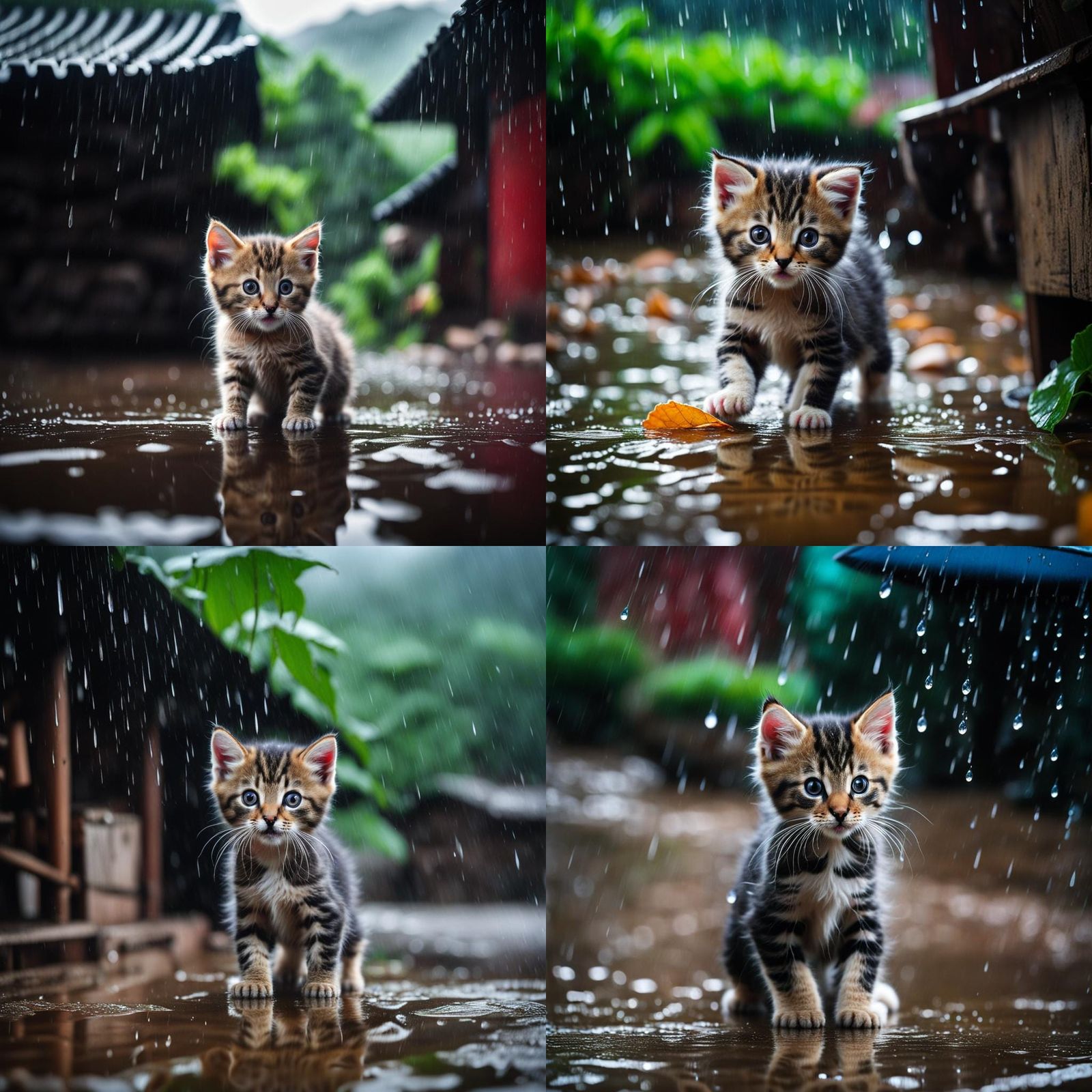 Scared Kitten Caught in Rainy Village