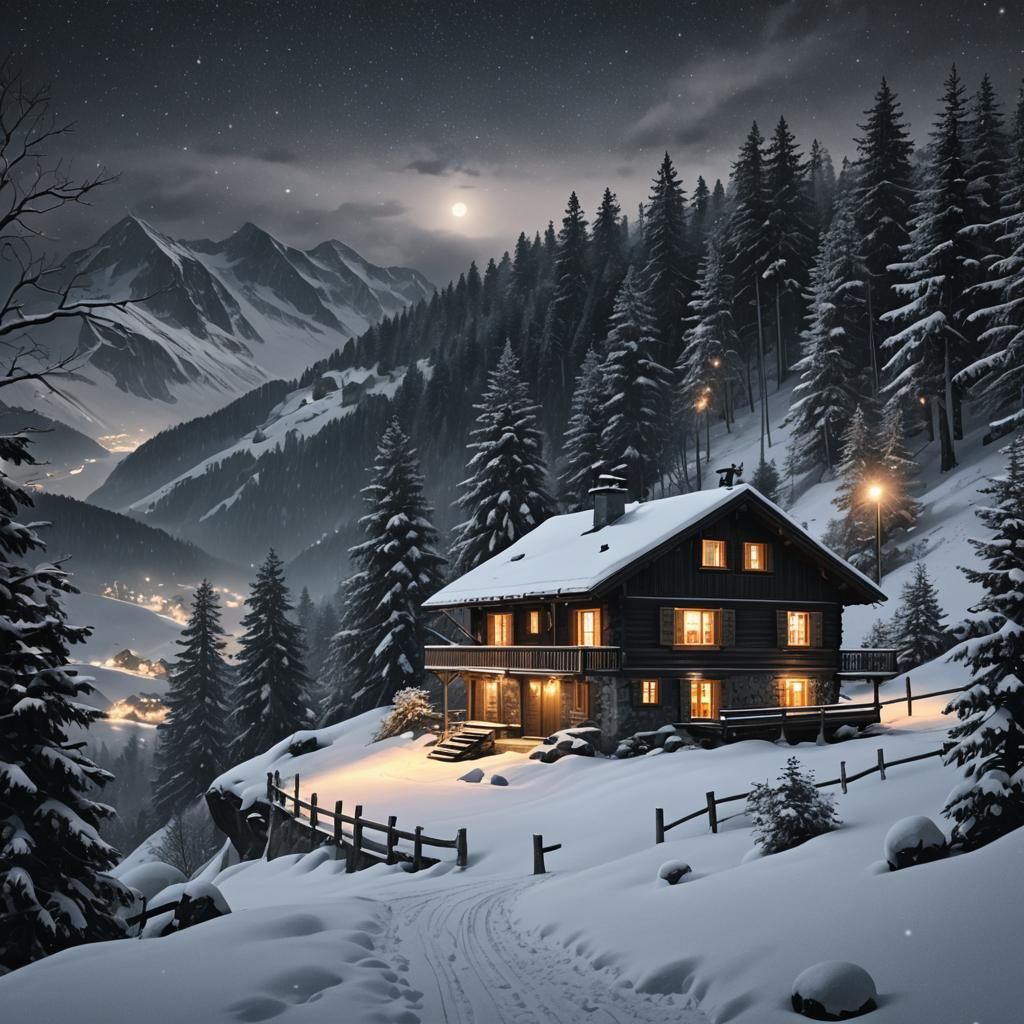 Swiss Mountain Cabin in Snowy Night Scenery