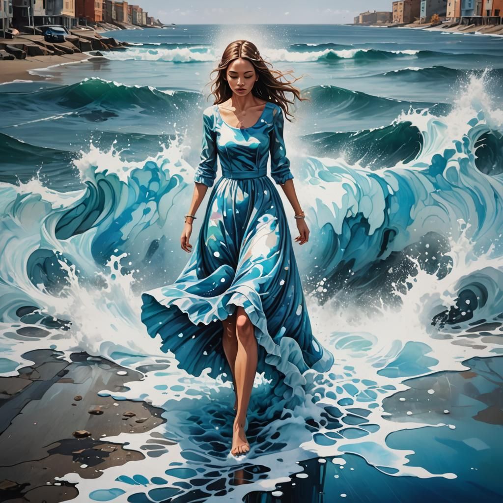 Water Dress Lady Walks on Icy Sea in Graffiti Art