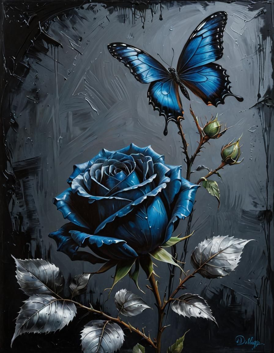 Black Rose with Blue Butterfly Oil Painting
