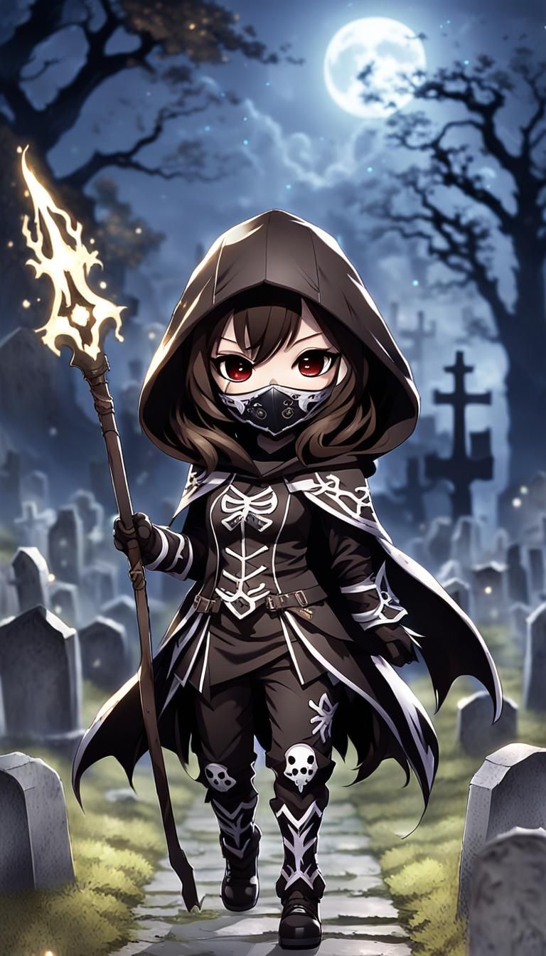 Chibi Necromancer in Dog Suit at Graveyard