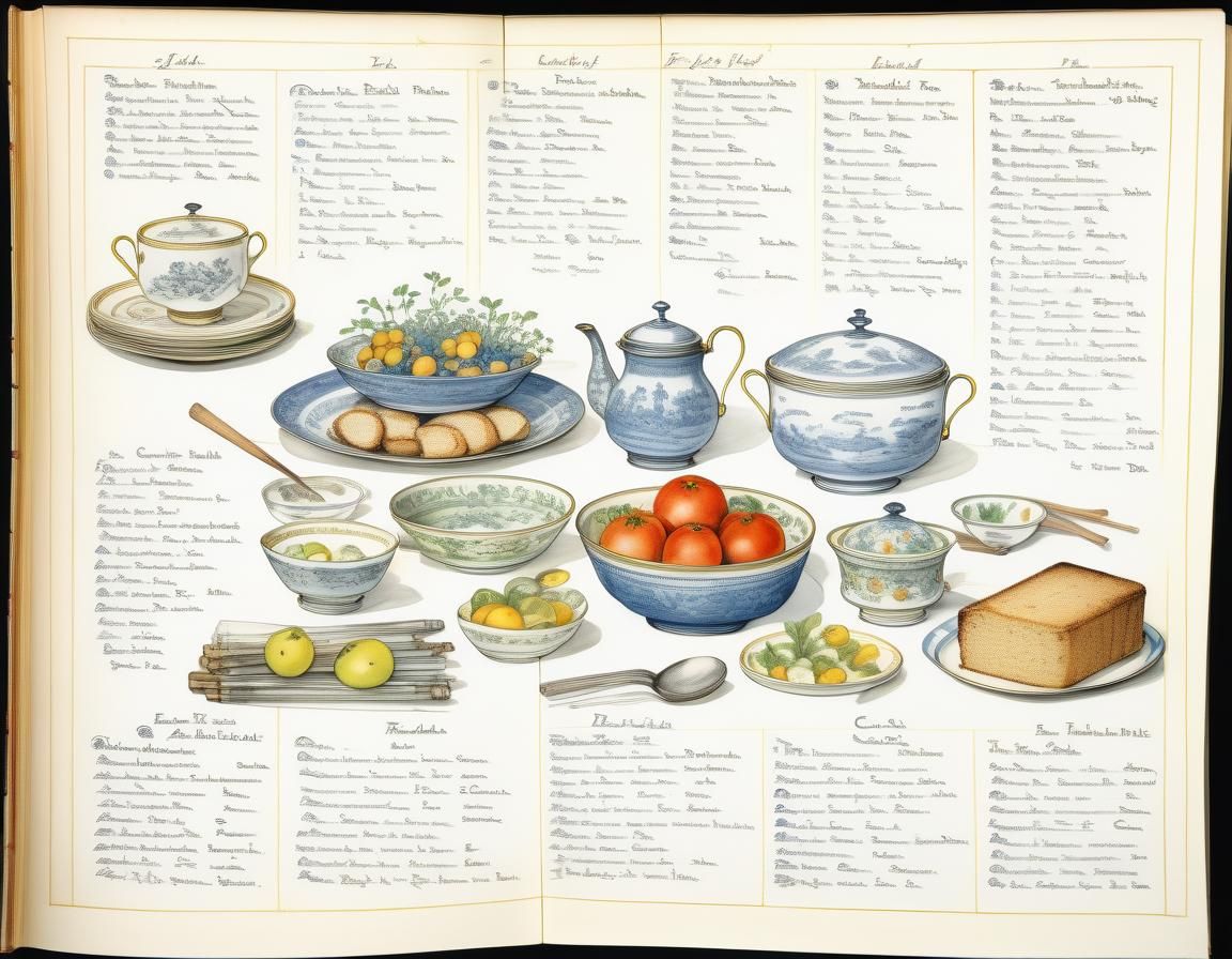 Vintage Recipe Book Page with Hand-Drawn Dishes