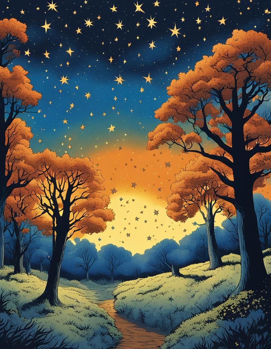 Starry Night Sky Illustration in Tintin Comic Style