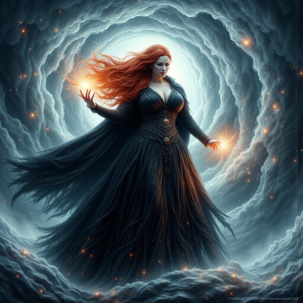 Ethereal Witch Stands Amidst Frozen Vortex