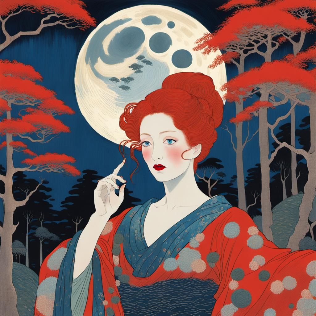 Woman Reaching for Moon in Impressionist Ukiyo-e Style