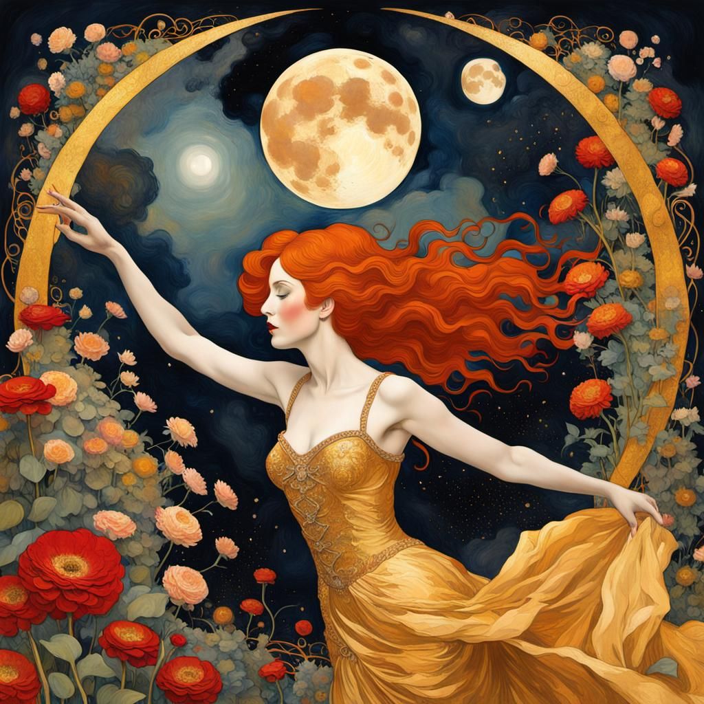 Golden Woman Reaching for Moon in Art Nouveau Style