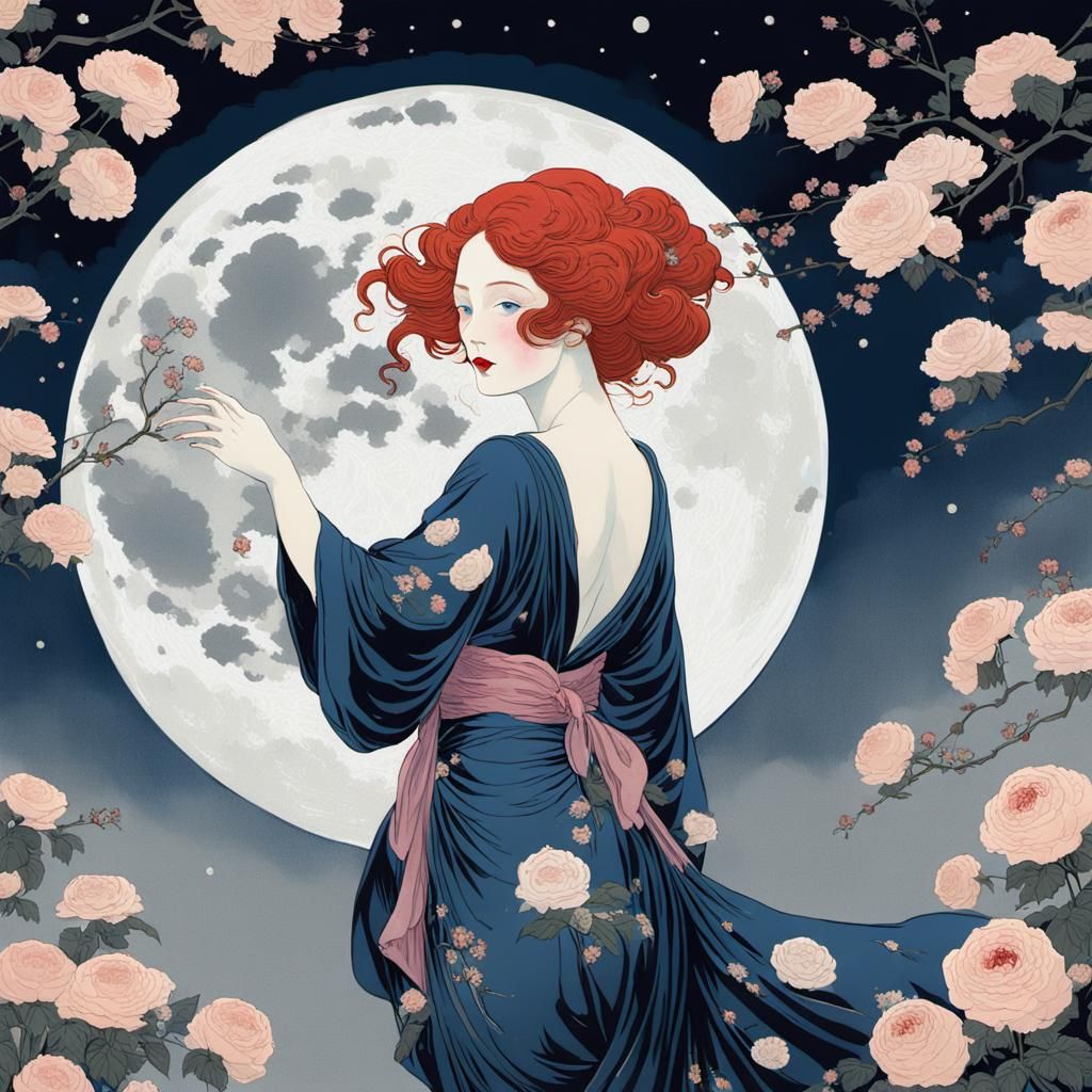 Woman Touches Moon in Ukiyo-e Impressionism
