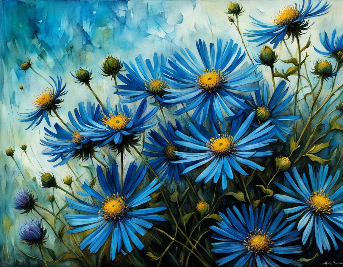 Bending Blue Asters in Whispers of Wind