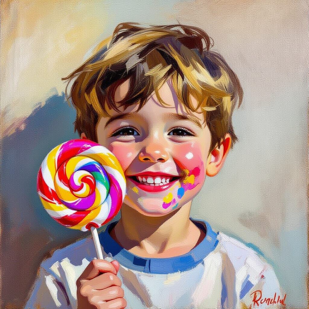 Joyful Boy With Lollipop, Impressionist Oil Painting