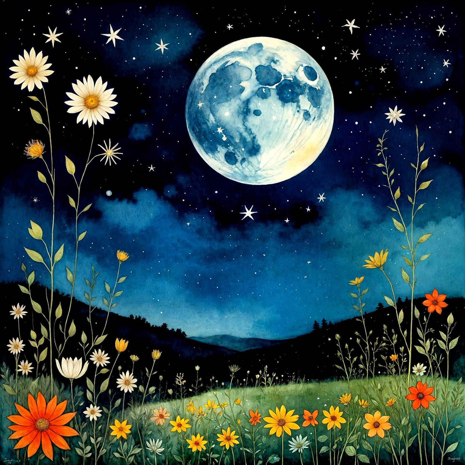 Celestial Midnight Botanical Flora Aquarelle