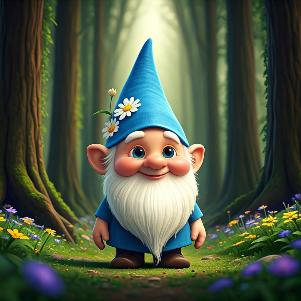 Whimsical Gnome in 3D Forest Scene