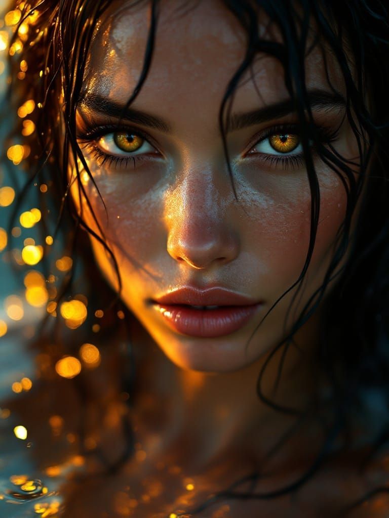 Siren Emerging from Ocean's Surface in Wet-Look Aesthetic