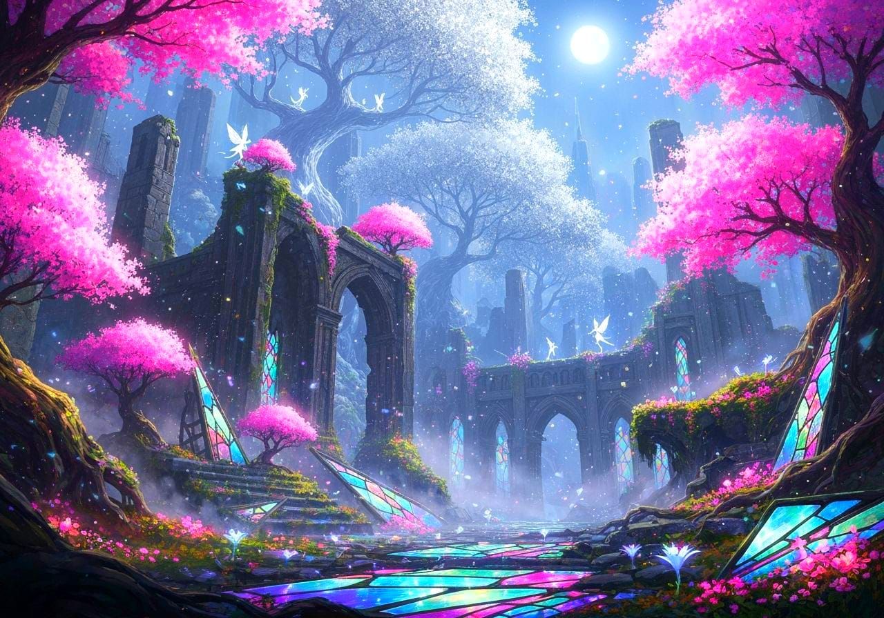 Magical Civilization Ruins with Luminous Flora Under Moonlig...