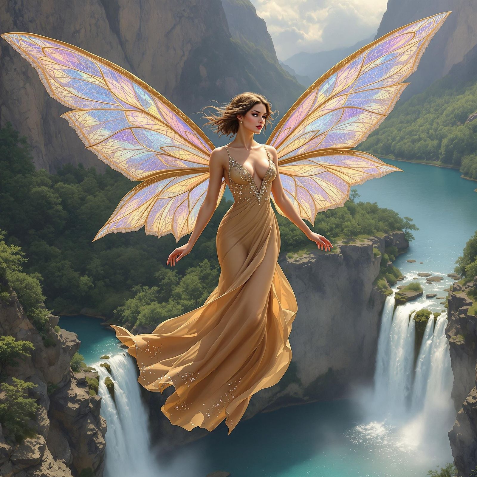 Majestic Sylph with Iridescent Wings and Elegant Gown