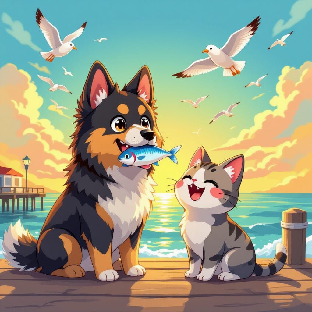 Adorable Chibi Dog Shares Fish with Joyful Cat