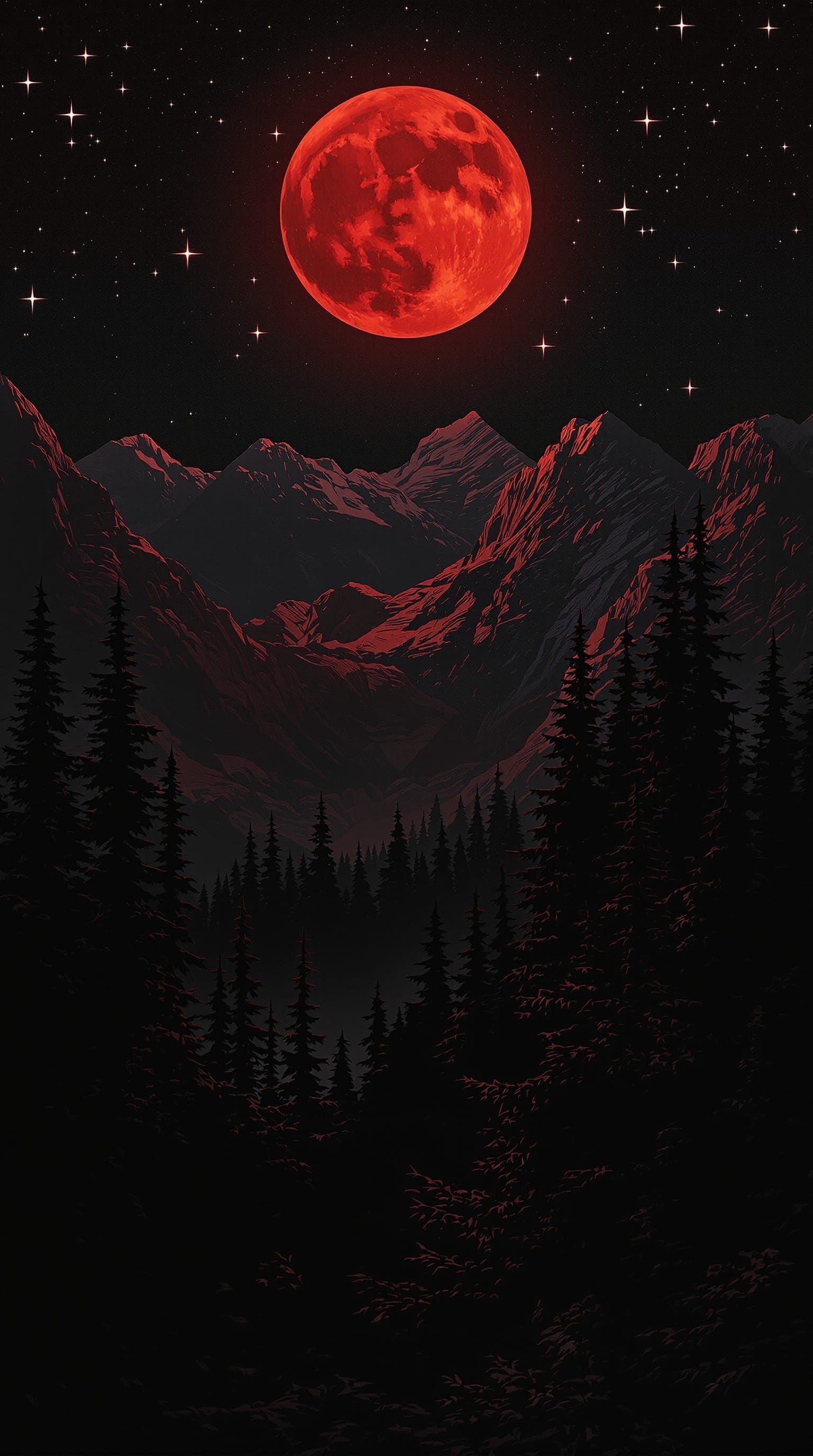 Crimson Moon Over Dark Mountain Forest